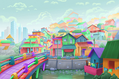 Rainbow Village animation background art cinematic concept art design digital art environment illustration illustrator rainbow ui village visual develoment