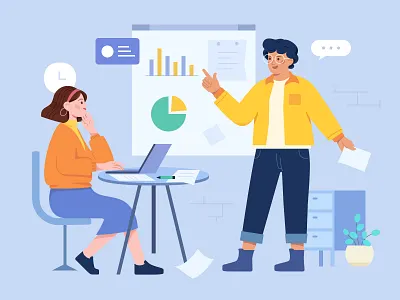 Business cooperation illustration app business cooperation discuss explain graphic design illustration inspiration meeting negotiate report ui vector web white collar work workplace