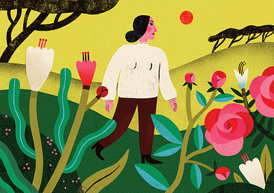 Evening Stroll colourful flowers hills illustration nature procreate roses summer walk woman