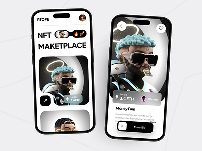 NFT Marketplace App UI/UX Design app black and white blockchain cool crypto cryptocurrency details ios marketplace minimal mobile mobile app modern nft nft app nft art nft marketplace ui ux web app