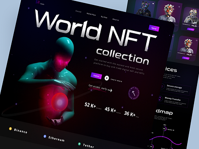 NFT Web Landing Page branding design clean crypto art cryptoart cryptonft ethereum globe landing landingpage nft market place nftart nfts page rarible ui ui design ux web webdesign website