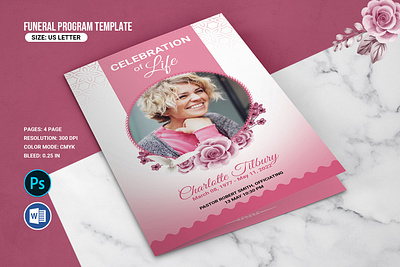 Floral Funeral Program Template docx floral funeral funeral announcement funeral brochure funeral invitation funeral program funeral template memorial program obituary template pink psd service program word