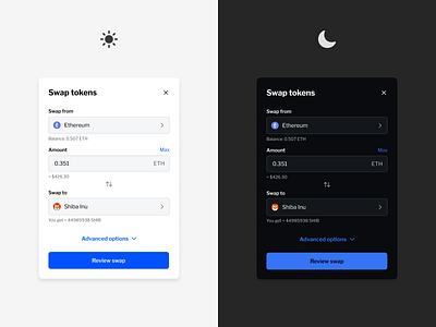 Form Design: Swap Crypto Tokens (Light & Dark Mode) buy concept convert crypto dark mode ethereum form inputs light mode product design sell shiba inu swap tokens ui ux