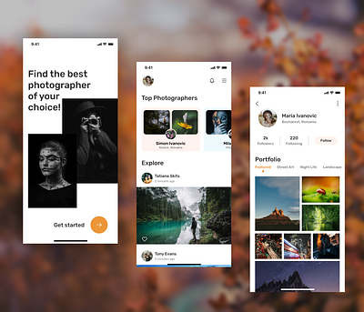 Photographer Portfolio app UI design 2022 design app design clean ui design figma inspiration latest design latest ui design mobile app nature app photographer app porfolio portfolio app trending design ui ui design ux uxdesign