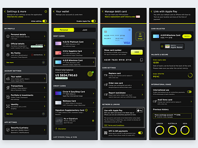 Settings Components | Wallet apple bank card concept dark debit design link location mode payments settings transfer ui ux vector wallet