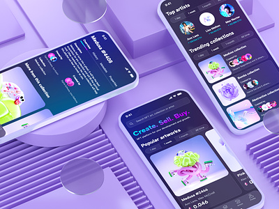 NFT Marketplace — Mobile UI Design 3d 3d art 3d character 3d mockup 3d presentation gradient marketplace mobile mobile design mobile ui nft nft art nft marketplace ui ui design ui trends