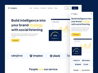 Insigme - Saas Responsive Landing Page clean interface footer header insight landing page mobile popular responsive responsive design saas shots social media analysis testimonials ui design uiux user interface ux design web design website yellow