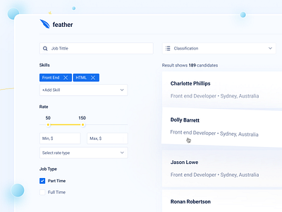Feather — Job marketplace / Search dashboard design filters job marketplace search slider ui ux web