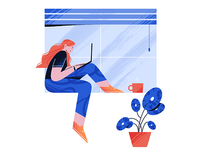 Remote work alone character character design collaboration colorful design distant flat girl home illustration illustrator remote work
