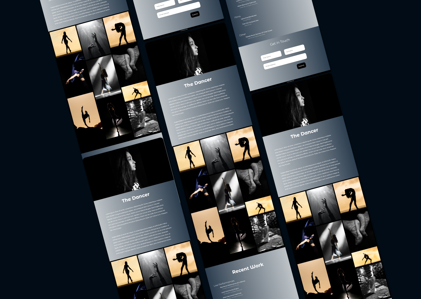 The Dancer | Portfolio Project bio client work css dance dancer dark theme design figma gallery html interactive javascript mockup movement photo portfolio project recent work web design web development