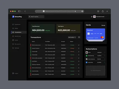 Fintech Transactions page (Dark Mode) app dashboard design finance fintech portfolio tech ui uiux ux web webapp