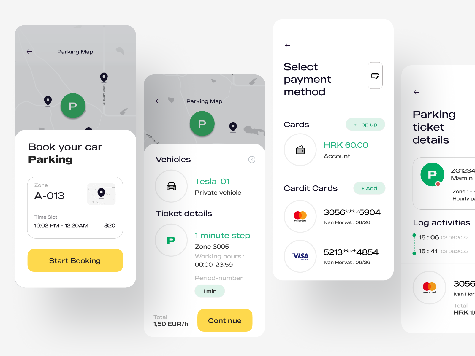 ParkMobile App - Minimal UI | AI booking details car parking card details clean log activity map view master card minimal mobile app park parking app payment details payment method payment option saas ticket details ui ui ux ux visa card