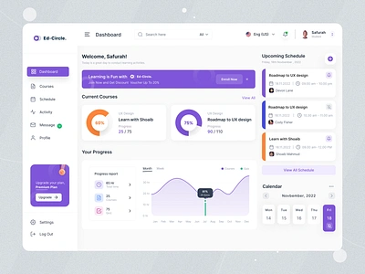 Elearning web dashboard calender course coursera elearning learn message progress schedule skillshare student ui ux