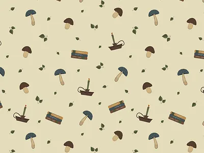 Cozy pattern autumn book candlestick cozy design foliage graphic design illustration leaf mushroom pattern vector