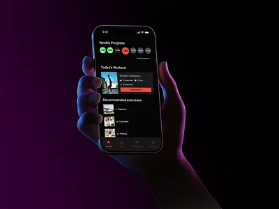Workout App UI blackmode cleandesign darkdesign darkmode excercise homescreen mobileapp mobiledesign mobileui moderndesign ui uidesign uiux workout workoutapp