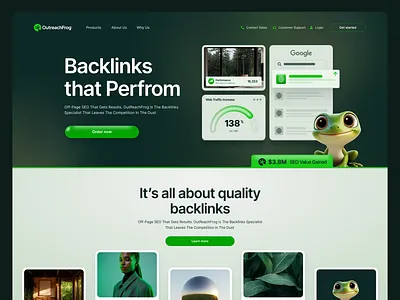 OutreachFrog Landing page backlinks design frog green landing marketing page seo web website