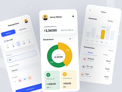 Finance Mobile App | Expense Tracker app design bank bank card banking banking app coin credit card finance fintech flat minimal mobile design money money management money transfer savings transactions uidesign uiux wallet