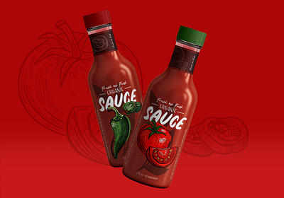 Organic Hot Sauce Label, bottle with illustrations bottle brand branding etching food hand drawn hot sauce illustration jalapeno label label design line art lino natural organic packaging packaging design pen and ink sauce tomato