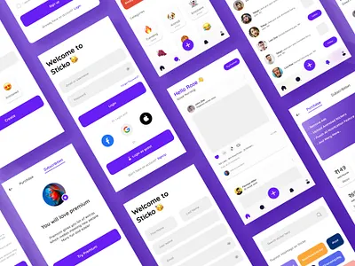 Sticko App UI Design android app icon android app ui app icon app logo app ui design blue ui creative creative design design graphic design icon illustration ios app icon ios app ui logo purple ui design sticker app ui ui design uxui