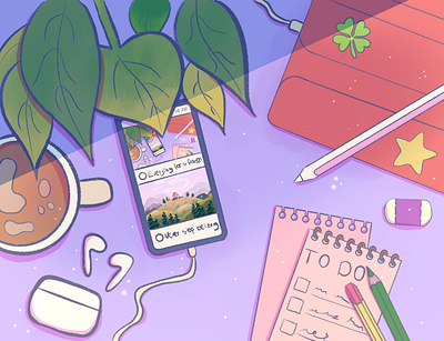 Designer's Desk airpods coffee desk digital art digital drawing drawing graphic design illustration ipad mobile plants procrate art procreate tasks working