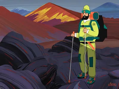 Volcanoes of Kamchatka adobe andrew lebedinsky character illustration kamchatka kamchatka poster nft travellers travellers men volcanoes