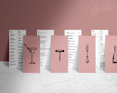 Restaurant/ Bar Menus Set: Goldie bar black chic elegant layout menu menus minimal minimalist pink print restaurant set simple