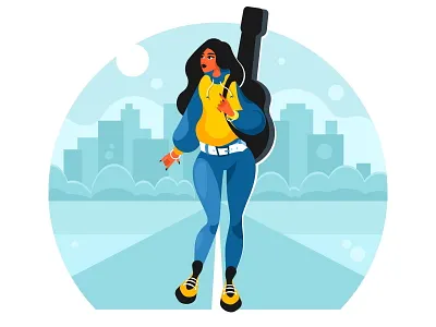 Girl with guitar artist girl guitar guitarist hitchhiking illustration landscape music player road rock rocker singer teenager vector woman