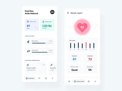 Health assistant mobile app light UI design assistant app clean design dashboard design fitness app health app health assistant heart tracker interface design light ui mobile app design mobile ui monitoring dashboard tracker app ui design