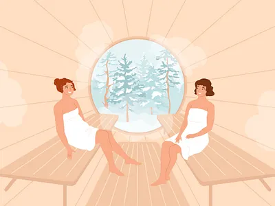 Females in barrel sauna with winter forest in window character hot illustration landscape people recreation relax resort sauna vector weekend wellness winter women