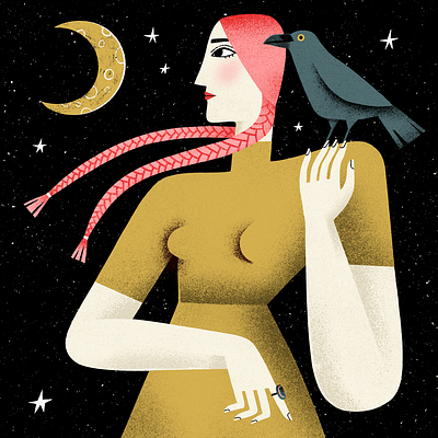Girl and Crow bird bold character illustration crow female girl illustration magic moon stylized whimsical woman