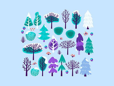 Cartoon Winter Trees acorn branch bush cartoon christmas christmas tree cold cute design illustration leaf new year plant rowan scandi scandinavian snow tree vector winter