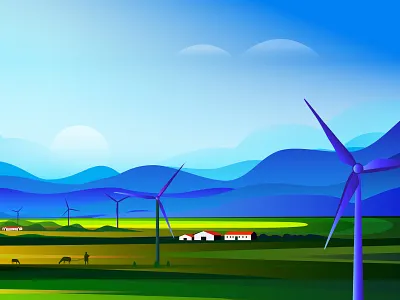 Green Energy cow cowboy farm farm house field green energy home page illustration house illustration land landscape mountains nature renewable energy vector website windmill