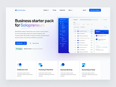 StartGlobal Landing Page accounting business banking create your llc invoicing payment transfer product design startglobal taxes transactions page uiux website