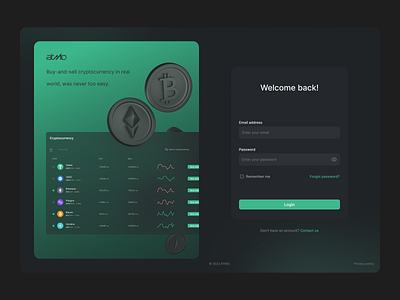 ATMO — Buy and sell cryptocurrency bitcoin blockchain buy and sell crypto crypto cryptocurrency dex ethereum exchange finance login screen ui