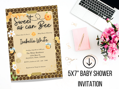 Honey Bee Baby Shower Invitation Printable baby party ideas baby shower baby shower ideas baby shower invitation canva design digital invitation graphic design honey bee baby illustration invitation ideas invitation template shower invitations