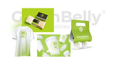 Brand Identity of "GreenBelly Smoothies & More" brand identity branding cups design graphic design graphic designer green greenbelly logo logo design logo designer mockup tshirt