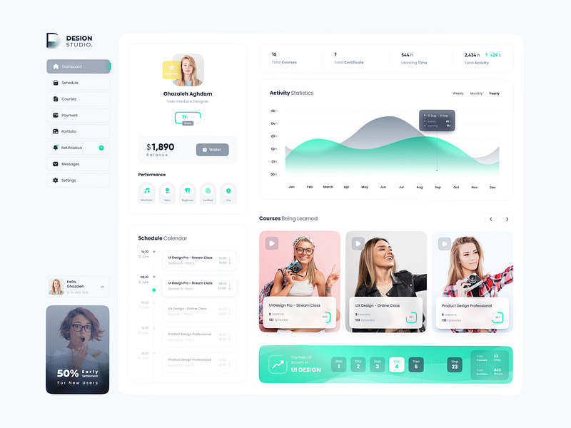 LMS Platform - Student Dashboard Design chart course dashboard dashboard ui education girl gray green instructor learning lms managment medal menu minimal performance platform schedule student ui design