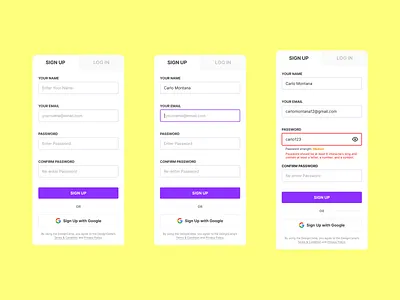 Sign Up Form - 3 Field States: Default, Active, & Error design dialog field form form field log in login sign in sign up ui user experience user interface ux web