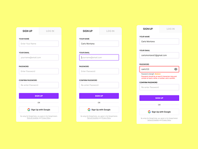 Sign Up Form - 3 Field States: Default, Active, & Error design dialog field form form field log in login sign in sign up ui user experience user interface ux web