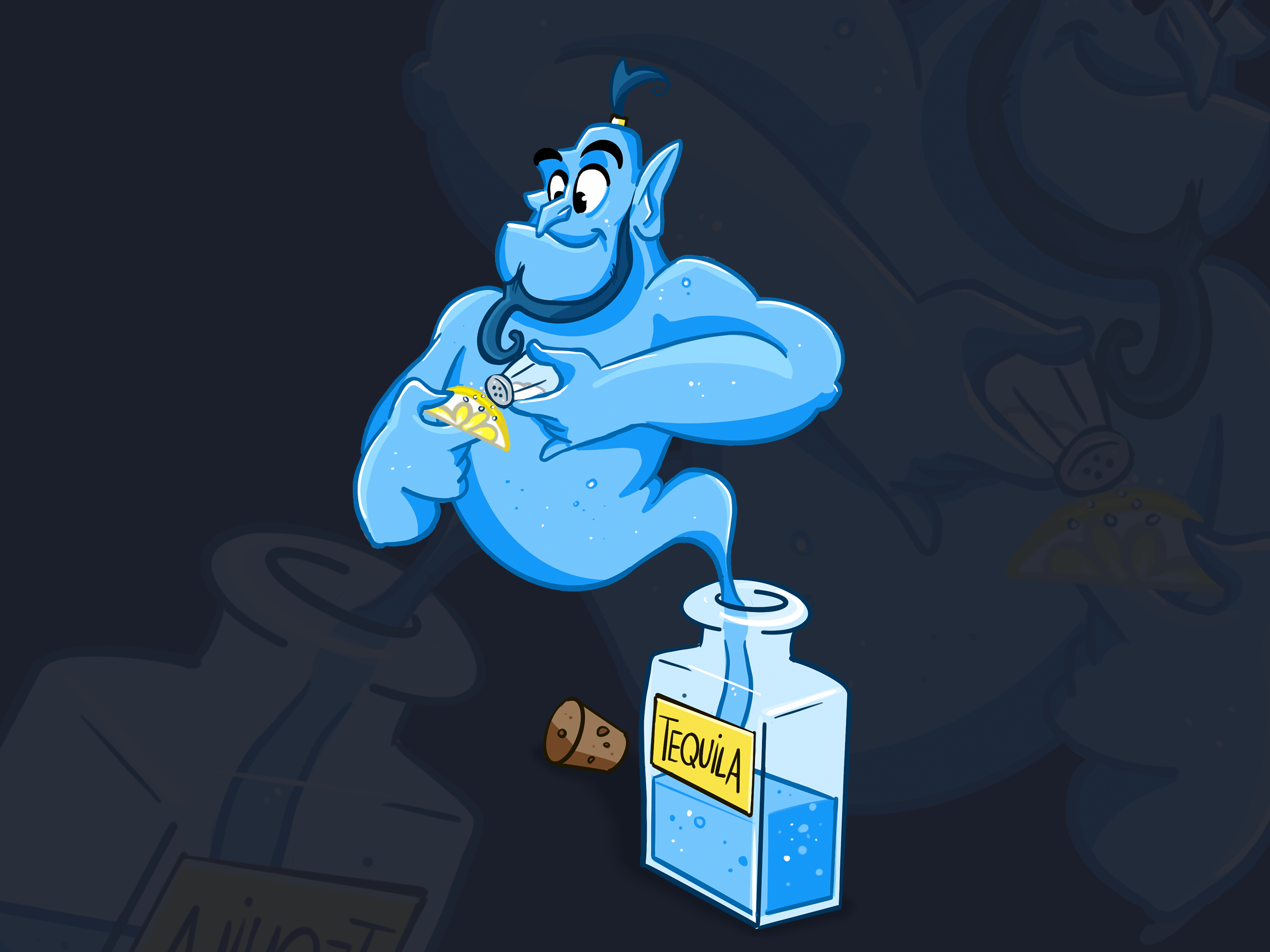 Tequila Genie T-Shirt – Three Wishes? Nah, Three Shots! branding character design design dschinni graphic design illustration lemon logo pink shirt design streetwear tequila