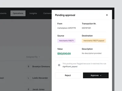 Transaction Approval Slide-Over app clean dashboard web approve clean data heavy design system desktop details finance fintory invoice breakdown invoices light ui navigation payment reject sidebar slideover stripe ui ux