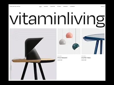 Vitamin Living Hero Concept animation composition degular e commerce ecommerce figma furniture grid hero homepage interior landing layout lighting minimal shop typography vindar web design