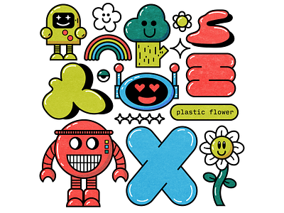 Robot Friends blue character color flower fun green happy illustration plastic red robots tech vector yellow