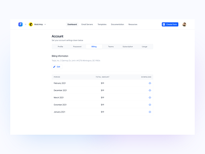 Formcarry ✣ Account Billing Information billing billing information bills clean communication dashboard billing listing property ui ux web