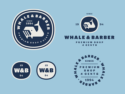 Whale&Barber Logo System animal badge barber barbershop beauty brand branding crest emblem grooming identity logo maritime men nature sea seal shop system whale