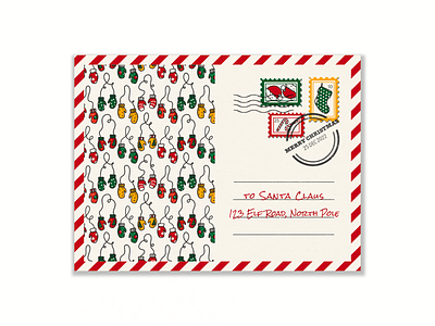Holiday post card 2d art artwork branding candy cane cartoon christmas clean color design flat illustration mittens packaging pattern post card print red simple surface