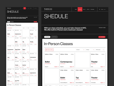 Empire State Dance Center Schedule classes concept dance desktop schedule ui ux