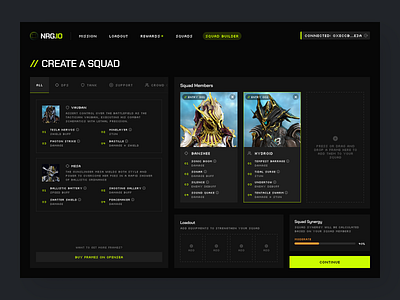 NRG.io - Squad Builder clean dashboard futuristic game gaming modern nft retro space squad ui web