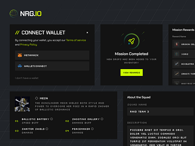NRG.io - Components components connect wallet crypto dashboard futuristic game gaming nft retro ui web