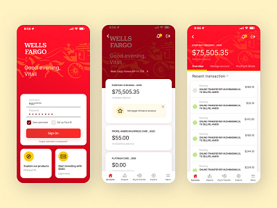 Wells Fargo app bank bers clean design fargo flow red ui user ux wells